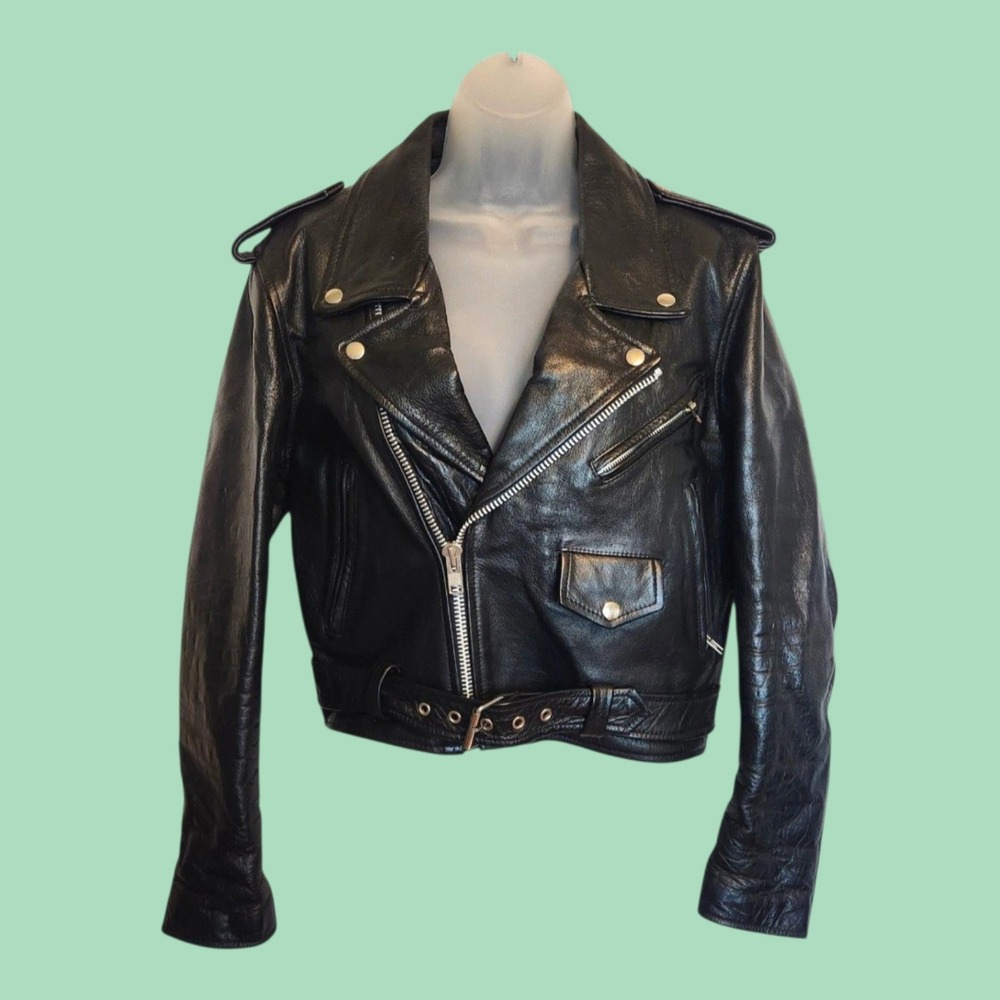Vintage 80s 90s BONUS Genuine Leather Biker Jacket Small Black Motorcycle Moto